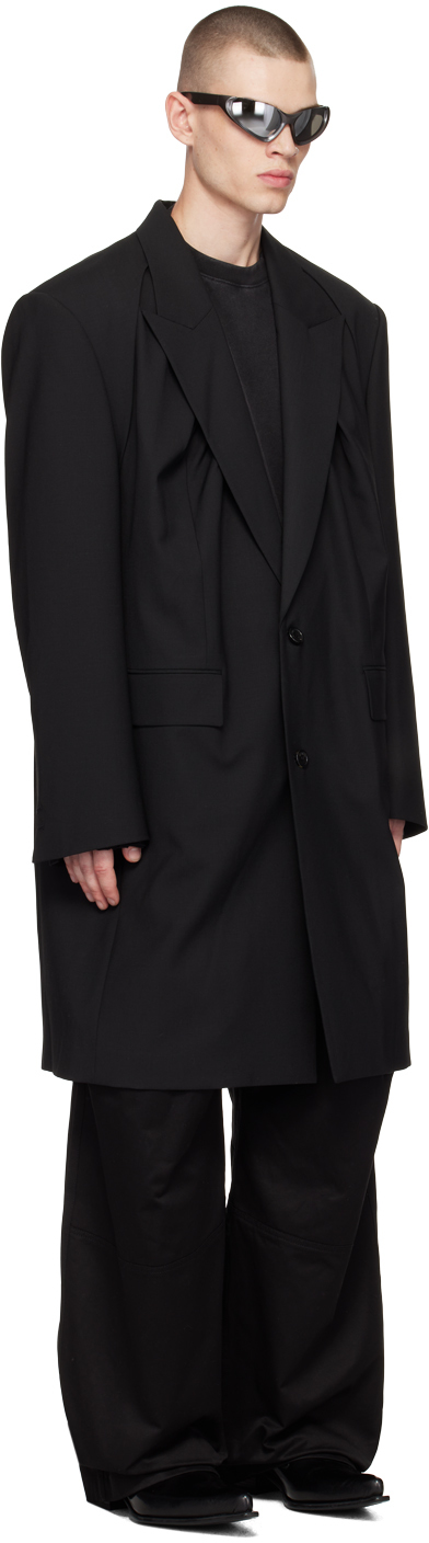 We11 Done Black Shirring Single-breasted Coat In Black
