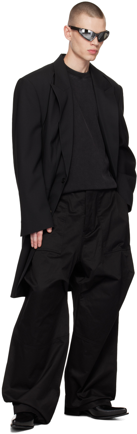 We11 Done Black Shirring Single-breasted Coat In Black