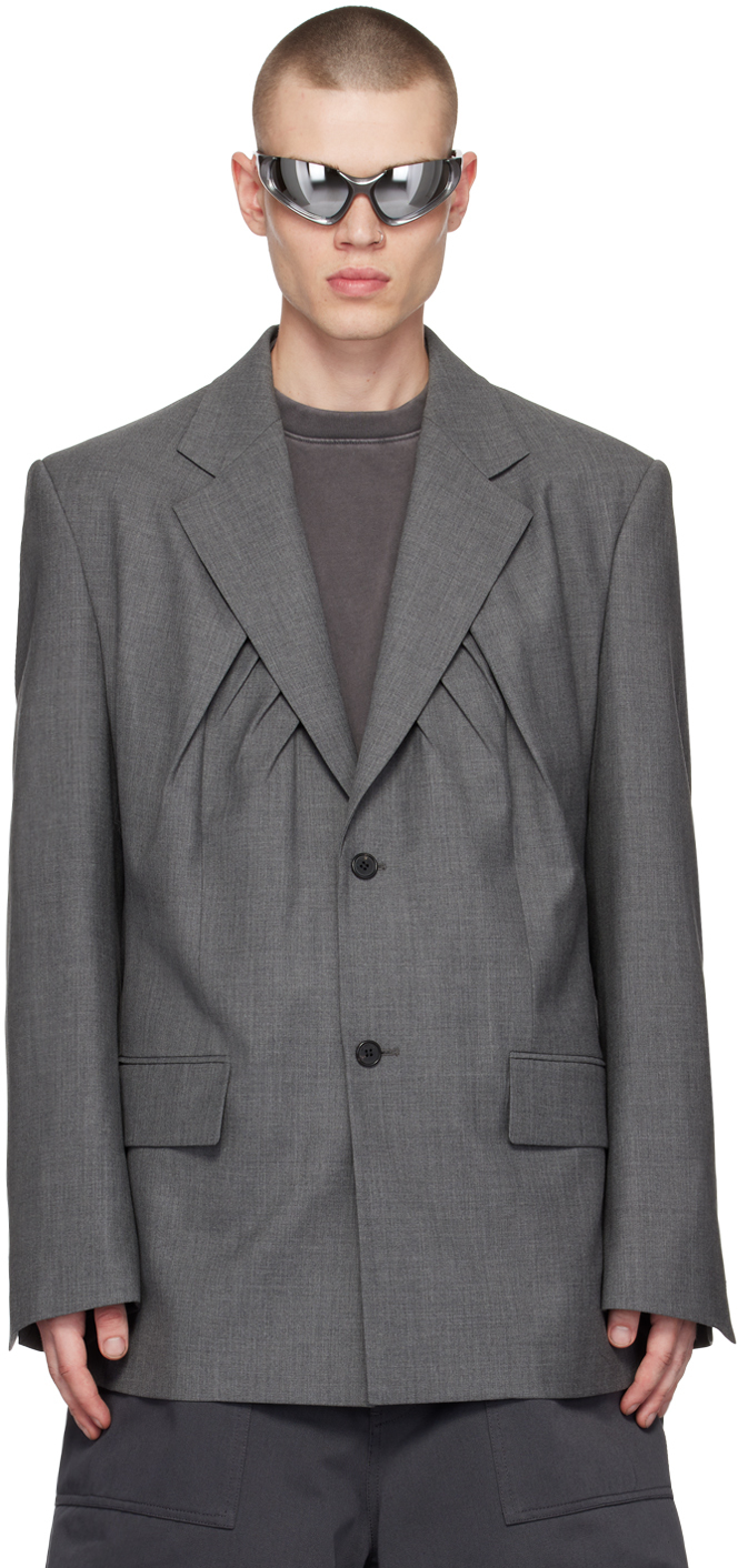 Gray Shirring Single-Breasted Blazer
