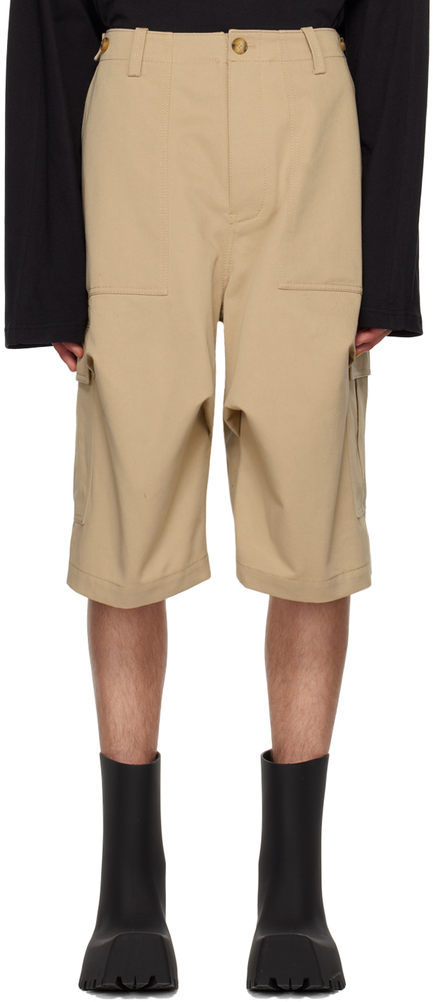 We11 Done Beige Pleated Cargo Shorts