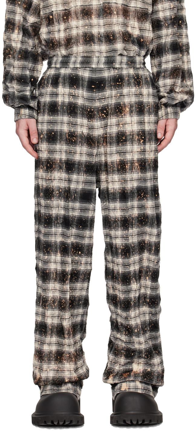 We11 Done Black & Off-white Crinkled Check Trousers