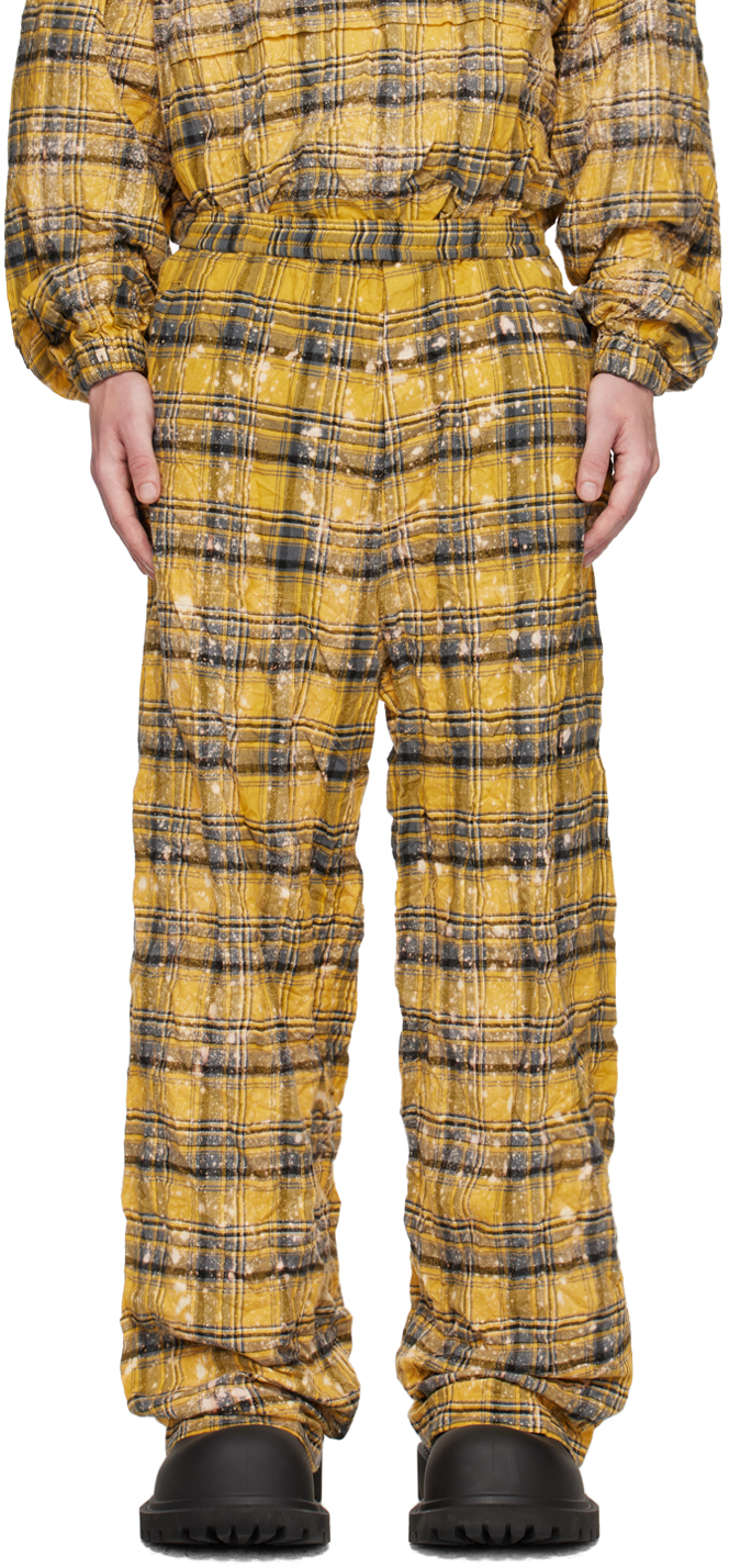 We11 Done Yellow Crinkled Check Trousers