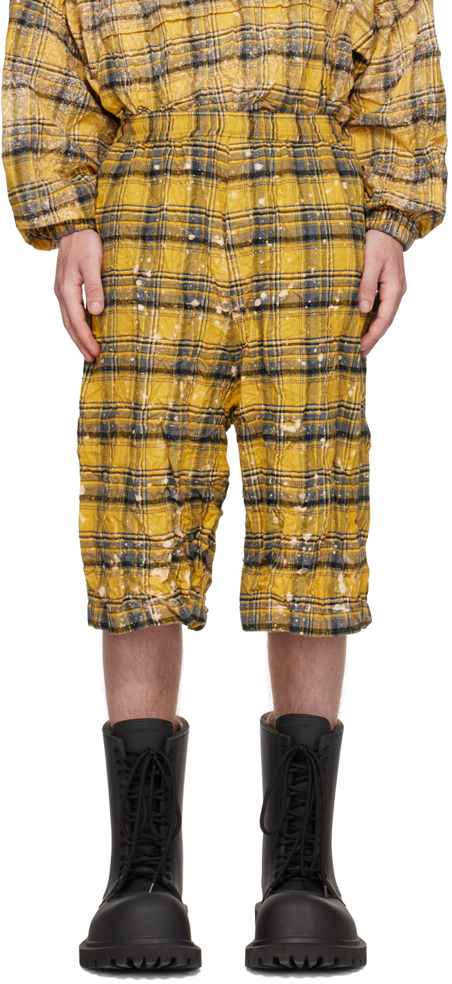 We11 Done Yellow Crinkled Check Shorts