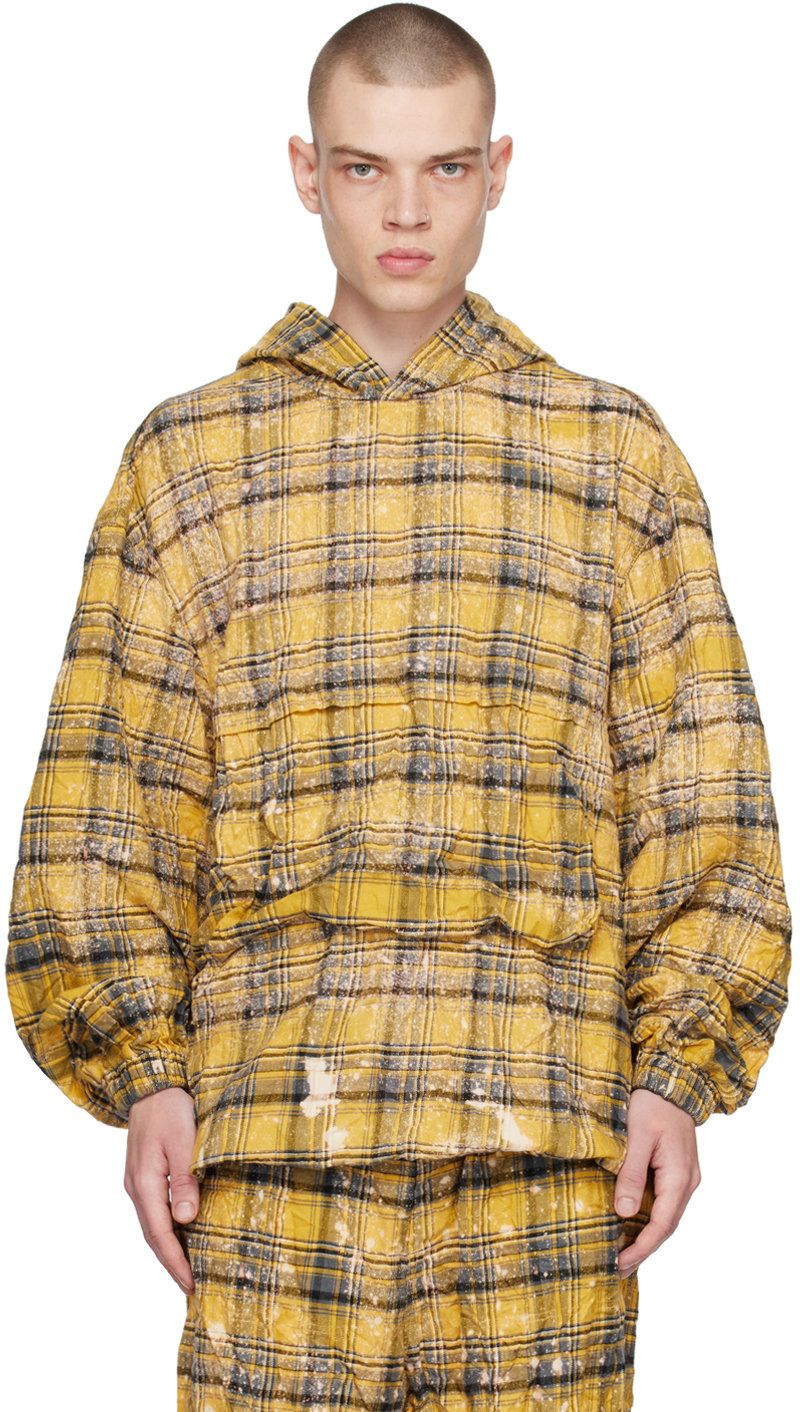 We11 Done Yellow Crinkled Check Hoodie