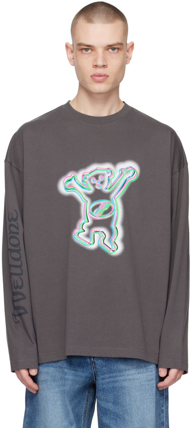 We11 Done Grey Colourful Teddy Print Long Sleeve Cotton T-shirt In Charcoal