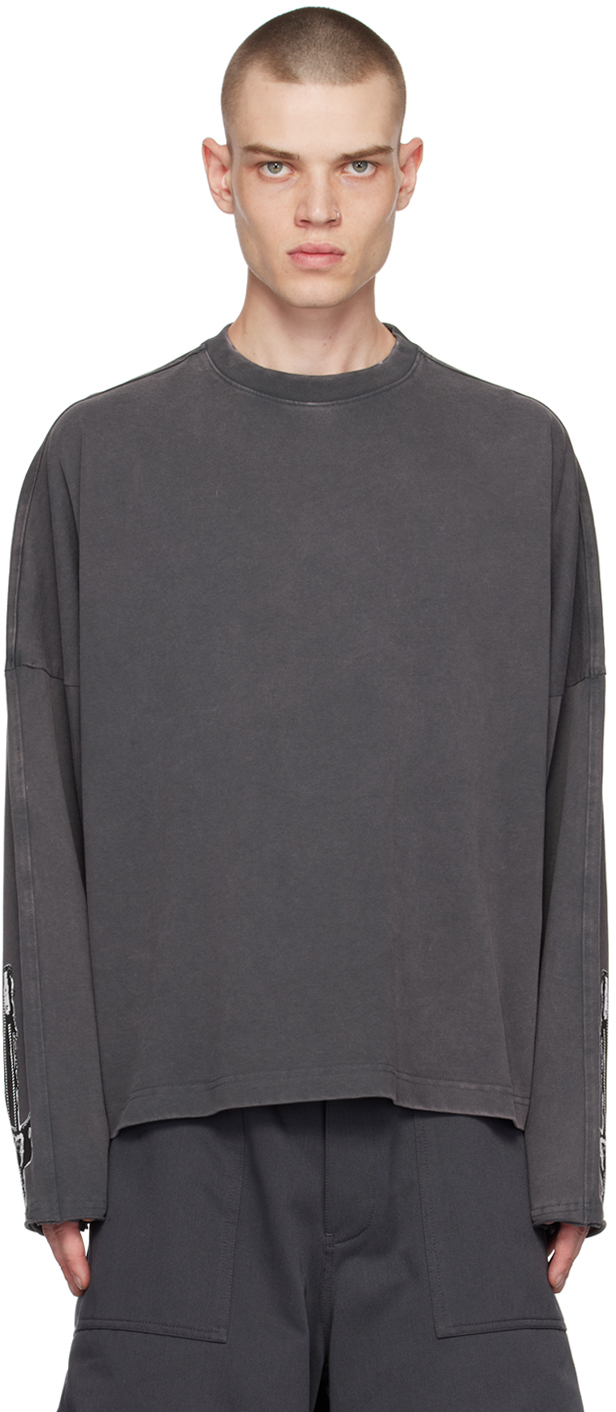 We11 Done Gray Zipper Print Long Sleeve T-shirt In Charcoal