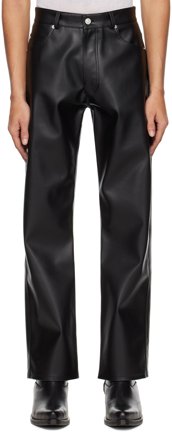 Black Straight-Leg Faux-Leather Trousers