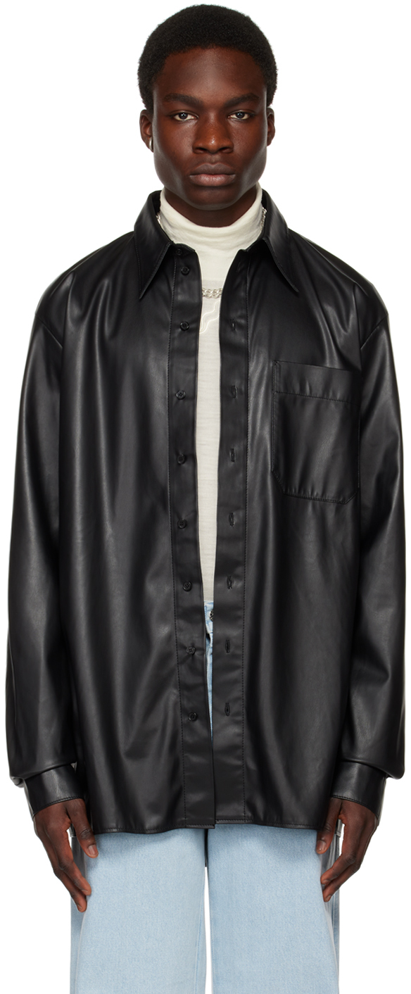 Black Oversized Faux-Leather Shirt by LU'U DAN on Sale