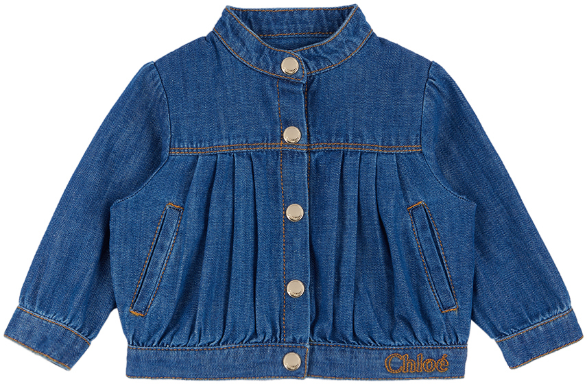 Baby Blue Pleated Denim Jacket by Chloé | SSENSE