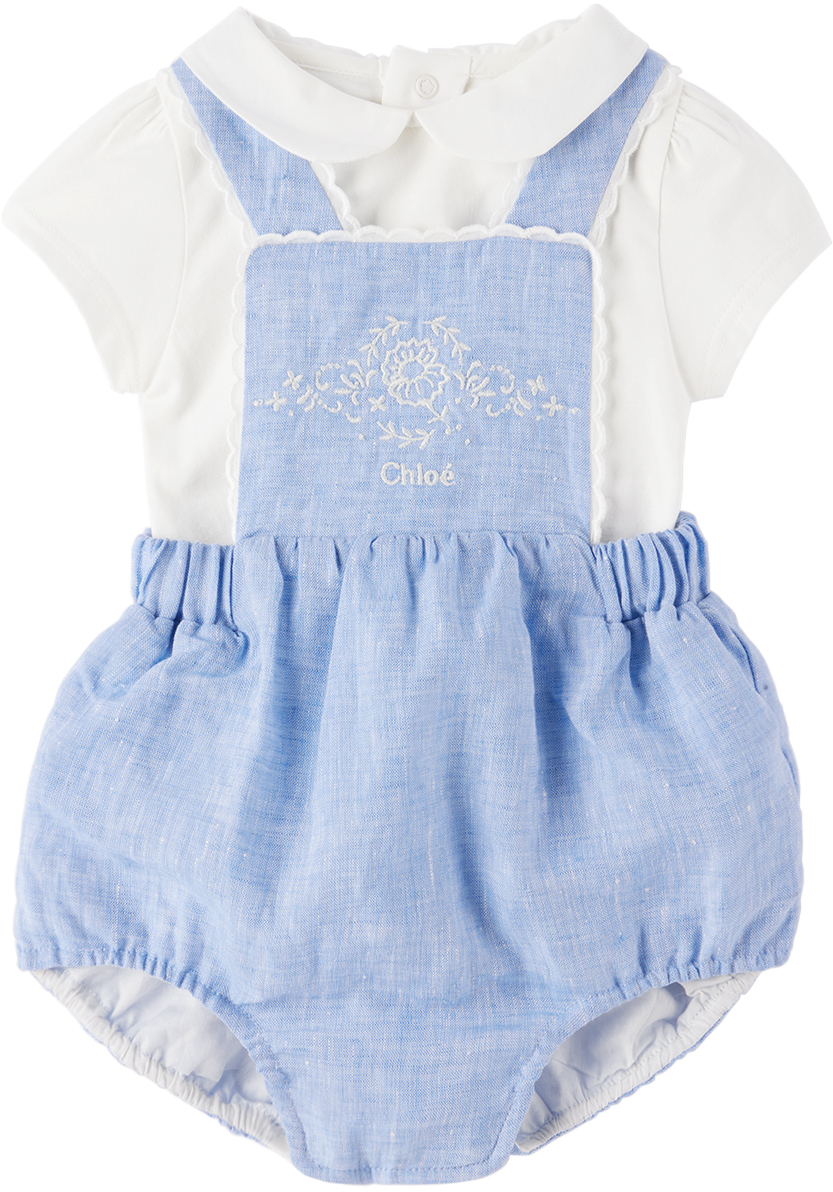 Shop Chloé Baby White & Blue Embroidered T-shirt & Overalls Set In V21 Blue White