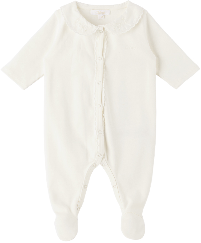 Chloé Baby Off-white Embroidered Romper In 117 Offwhite