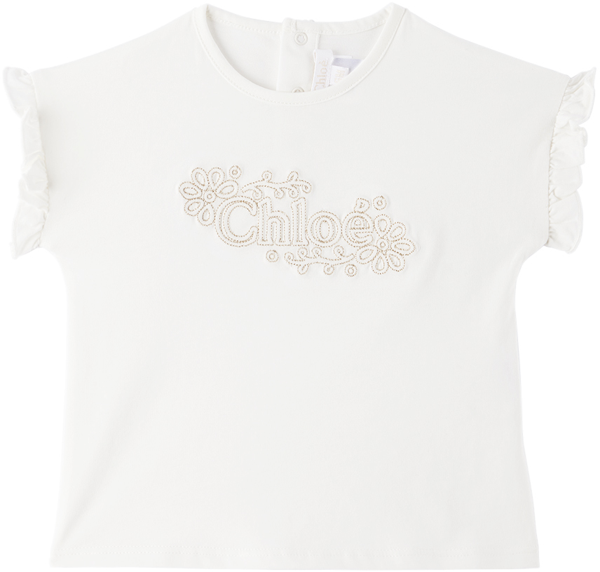 Chloé Baby White Embroidered T-shirt In 117 Offwhite