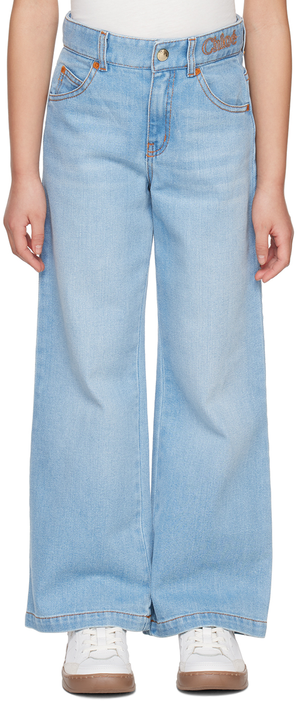 Chloé Kids Blue Embroidered Jeans In Z04 Bleach