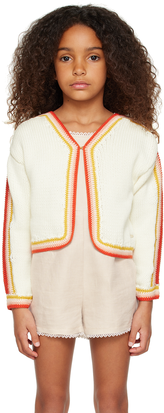 Chloé Kids' Striped Crochet-trim Cardigan In White