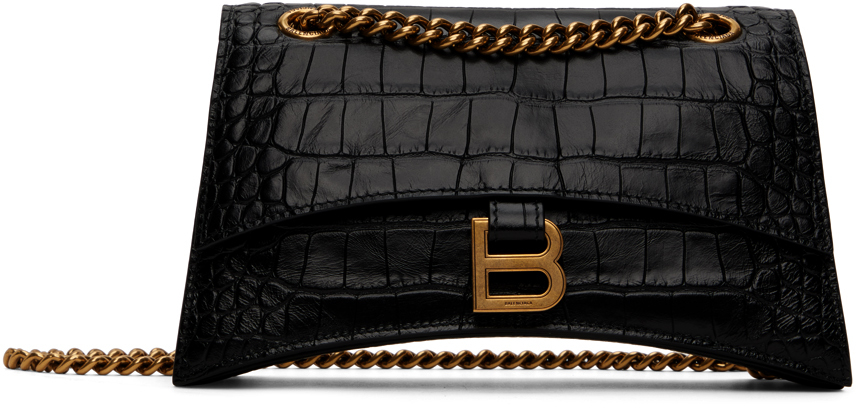 Black Croc-Embossed Small Crush Shoulder Bag