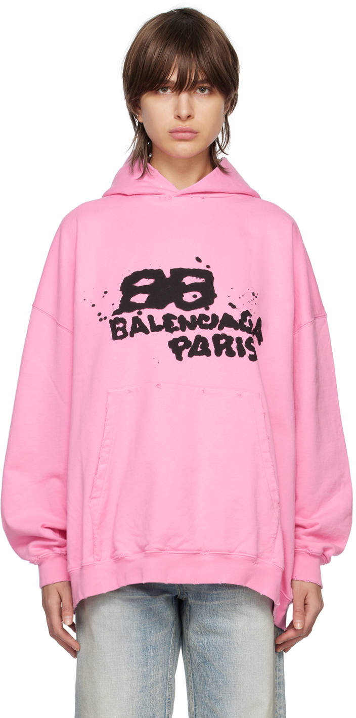 Shop Balenciaga Pink 'hand Drawn' Bb Icon Hoodie In 1401 Pink/black
