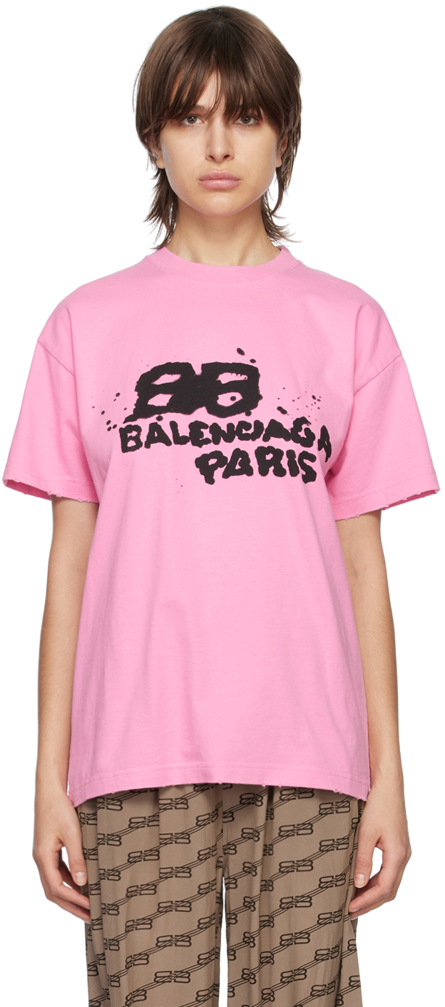 Balenciaga Womens Embroidered BB Authentic Jersey Apparel TShirt Pink  US