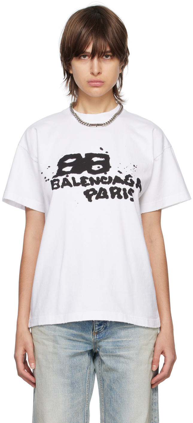Shop Balenciaga White Hand Drawn Bb Icon T-shirt In 9040 White/black