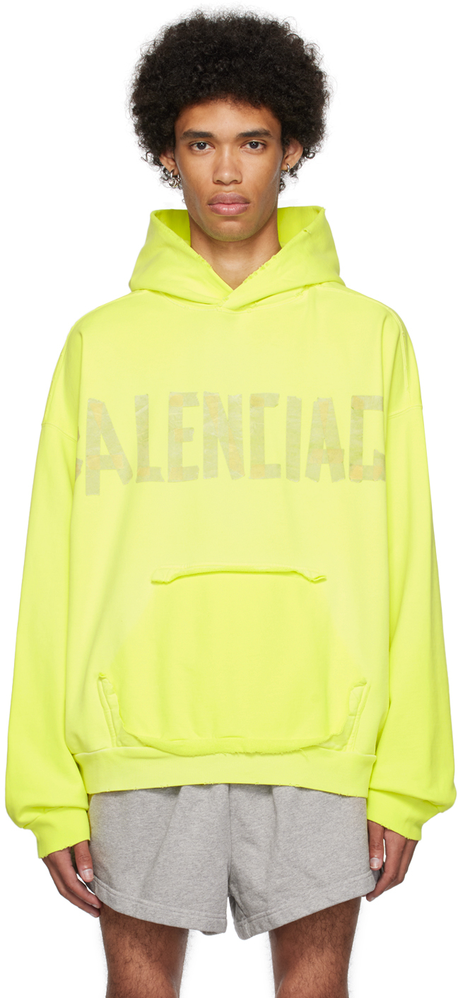 Balenciaga Yellow Tape Type Ripped Pocket Hoodie In 7204 Fluo Yellow