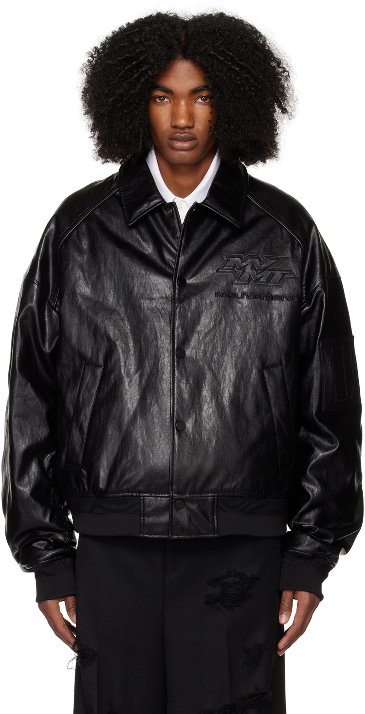 Juun.J Black Embroidered Faux-Leather Jacket