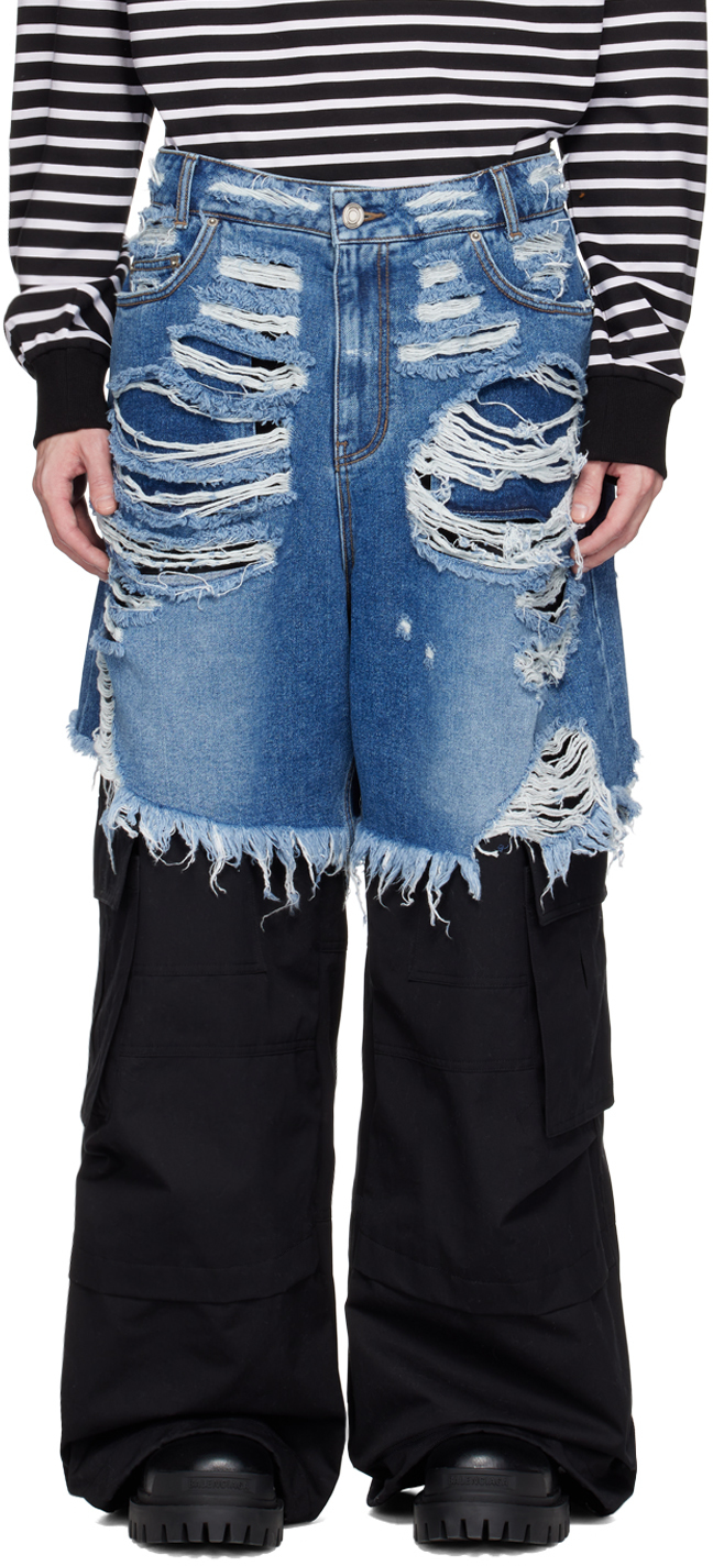 Juun.J Blue & Black Layered Denim Cargo Pants SSENSE UK