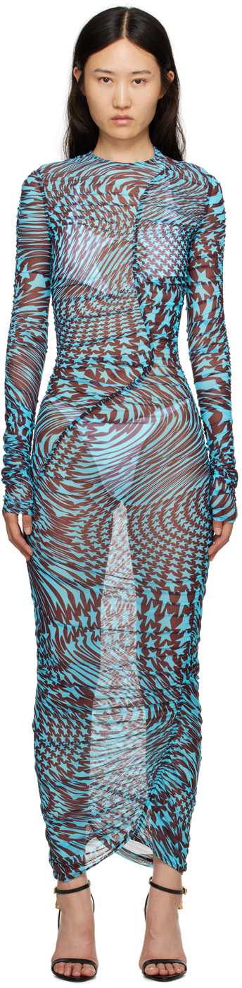 Mugler Printed Mesh Midi Dress In Turquoise