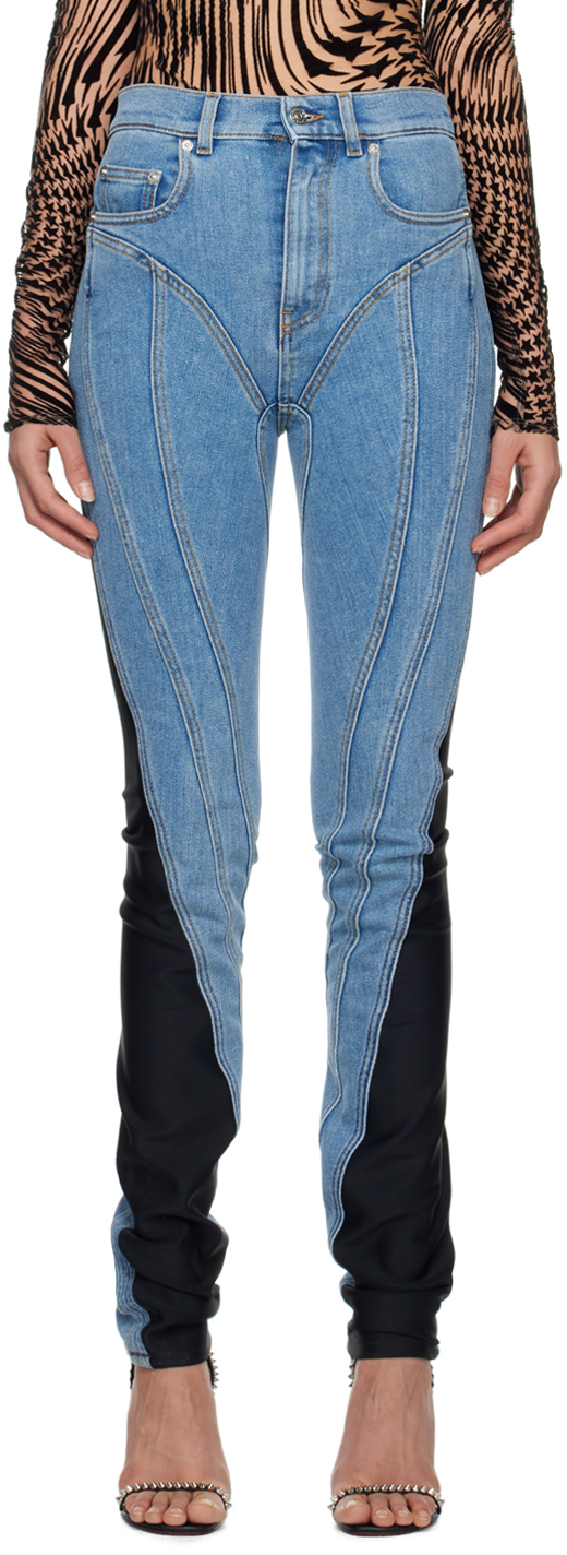 Shop Mugler Blue Paneled Spiral Jeans In 3074 Medium Blue / B