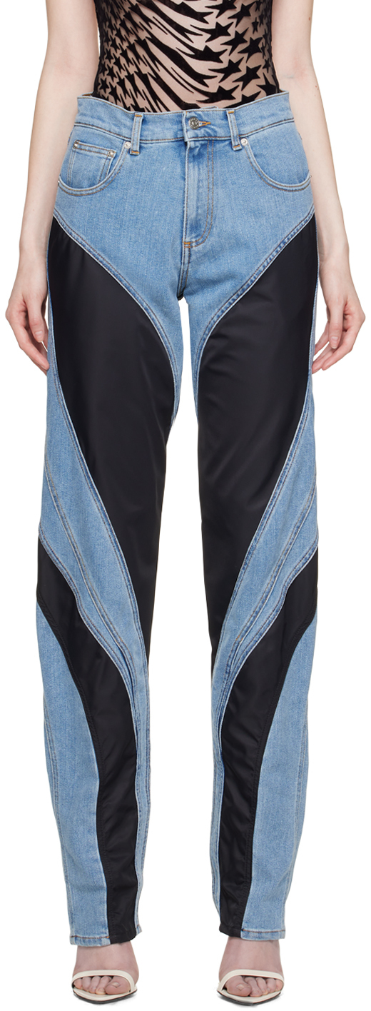 Mugler Slited Bi-material Spiral Jeans In Medium Blue