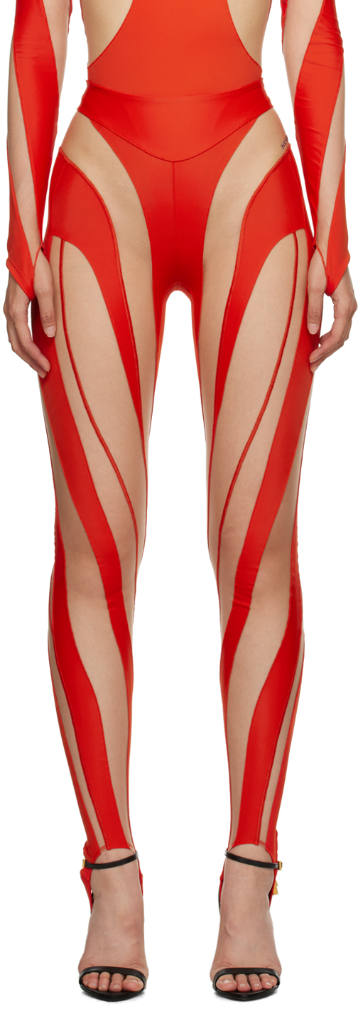 Mugler Sheer Spiral Legging in Red & Nude 02