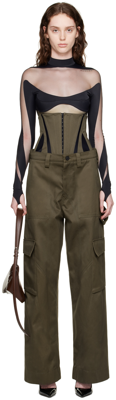 Shop Mugler Khaki Cargo Trousers & Corset Set In 3073 Military / Blac