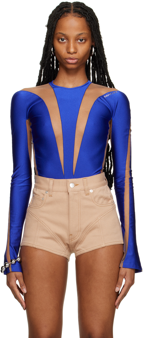 Blue Illusion Shaping Bodysuit by Mugler on Sale