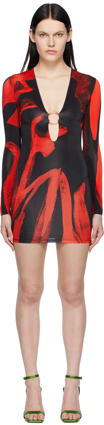 Louisa Ballou Helios Embellished Printed Stretch-jersey Mini Dress In Red