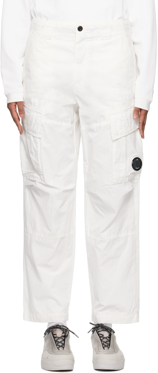 C.p. Company White Lens Cargo Trousers In 103 Gauze White