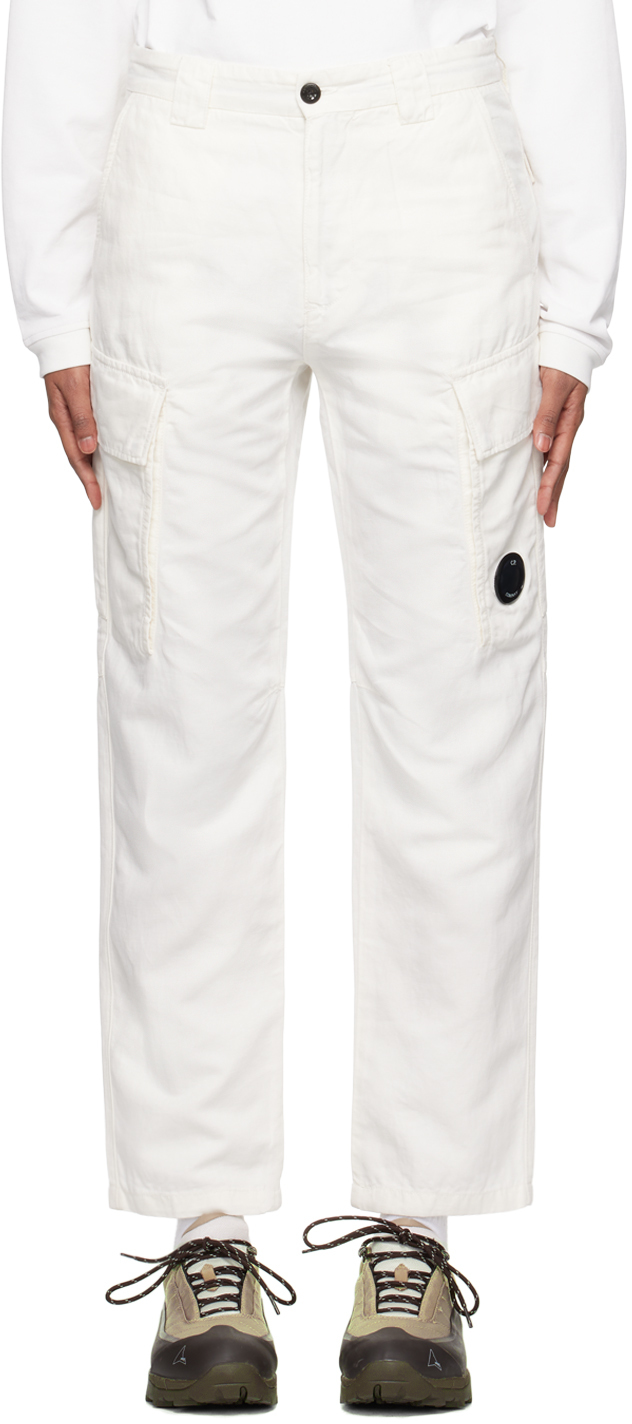 C.p. Company White Lens Cargo Trousers In 103 Gauze White