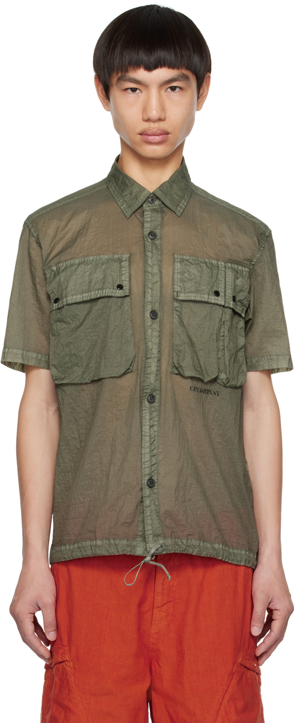 C.p. Company Cargo-pockets Semi-sheer Shirt In Bronze Green
