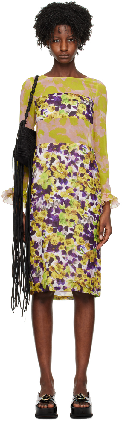 Dries Van Noten: Yellow & Purple Dire Midi Dress | SSENSE Canada