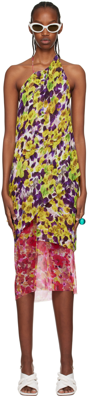Dries Van Noten One-shoulder Open-back Layered Floral-print Chiffon Midi Dress In Multicolor