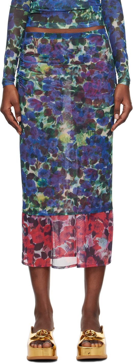 Dries Van Noten: Blue Double Layered Midi Skirt | SSENSE UK