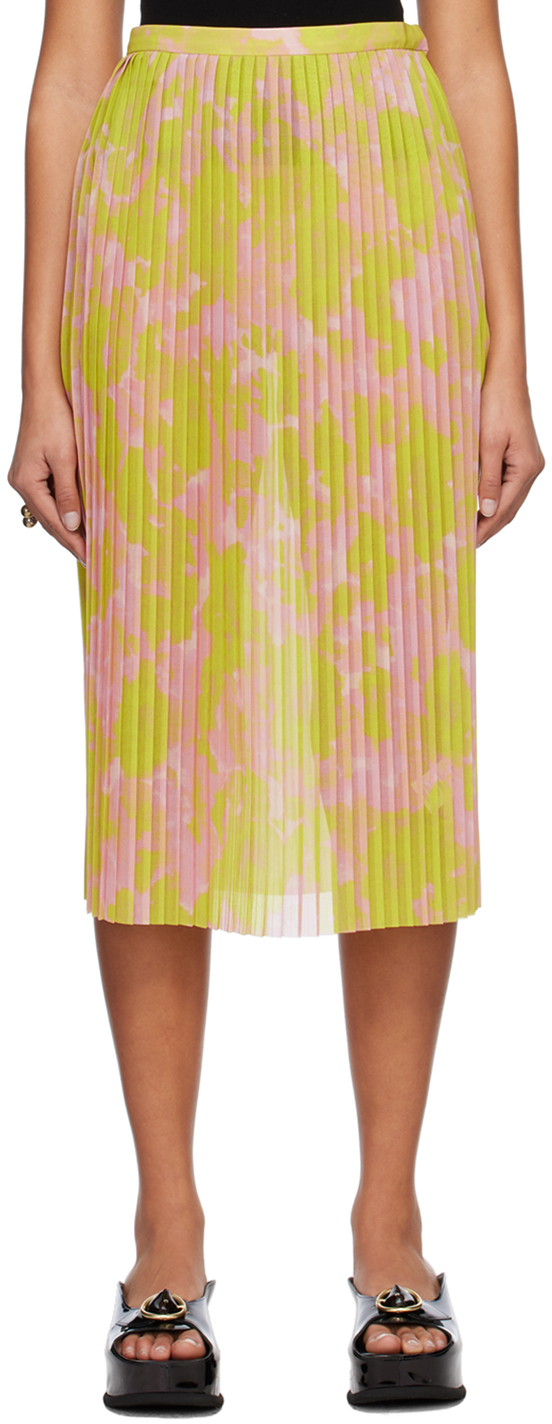 Shop Dries Van Noten Yellow & Pink Pleated Midi Skirt In 202 Yellow
