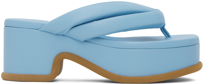 Dries Van Noten Leather Platform Thong Sandals In L.blue