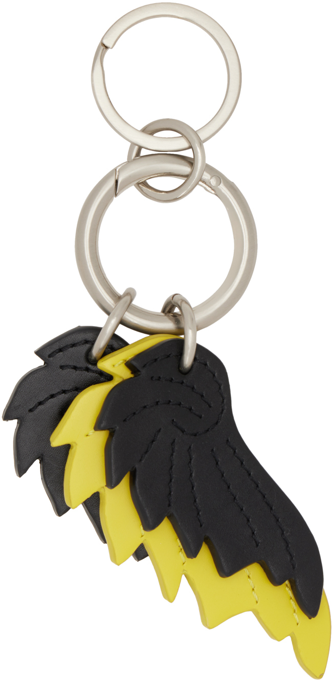 Dries Van Noten Black & Yellow Leather Keychain In 1043 Black/yellow