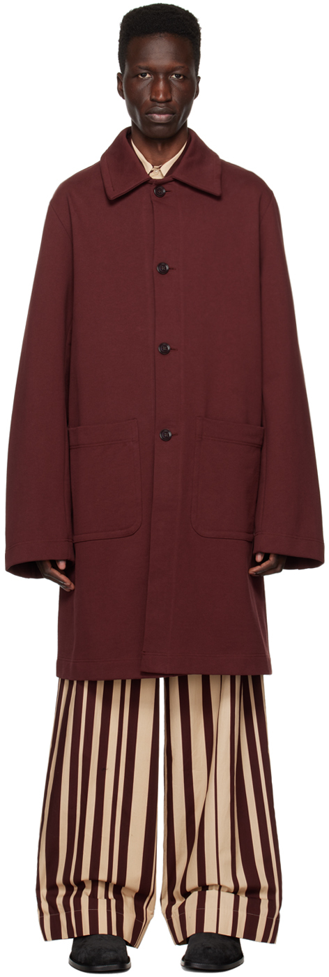 Dries Van Noten: Burgundy Buttoned Coat | SSENSE UK