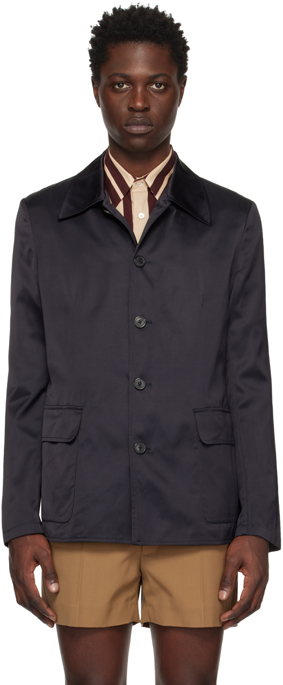 Navy Spread Collar Jacket by Dries Van Noten on Sale