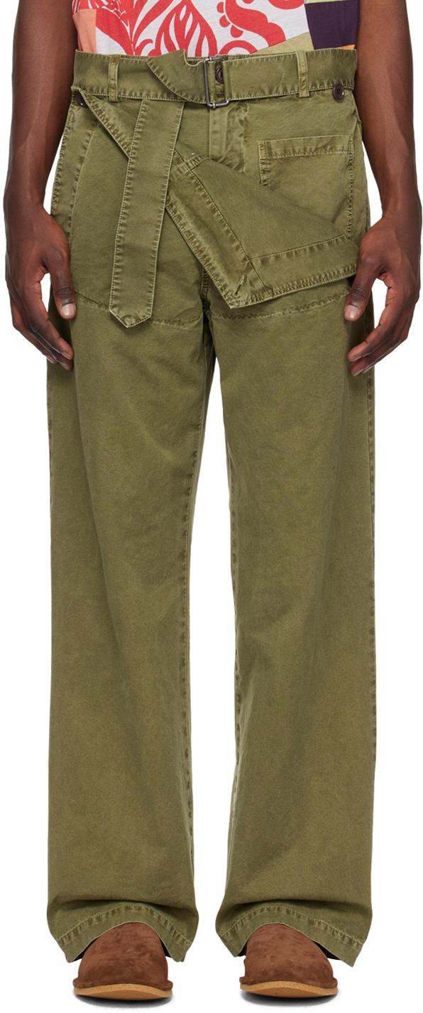 Dries Van Noten Khaki Belted Trousers In 606 Kaki