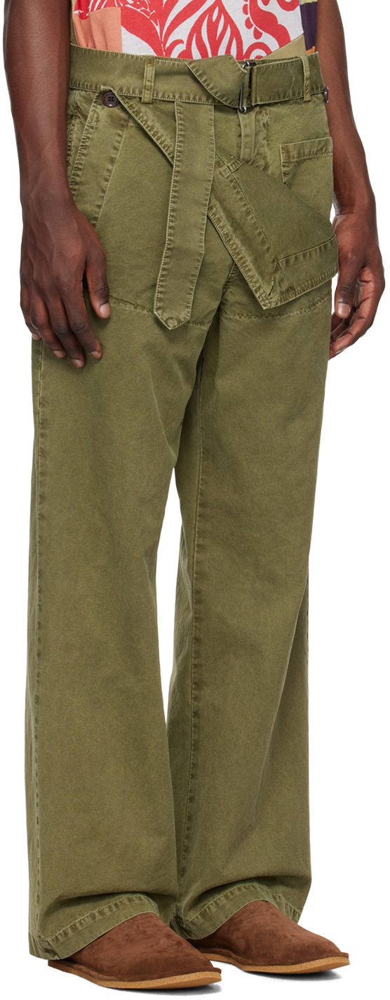 Dries Van Noten Khaki Belted Trousers In 606 Kaki