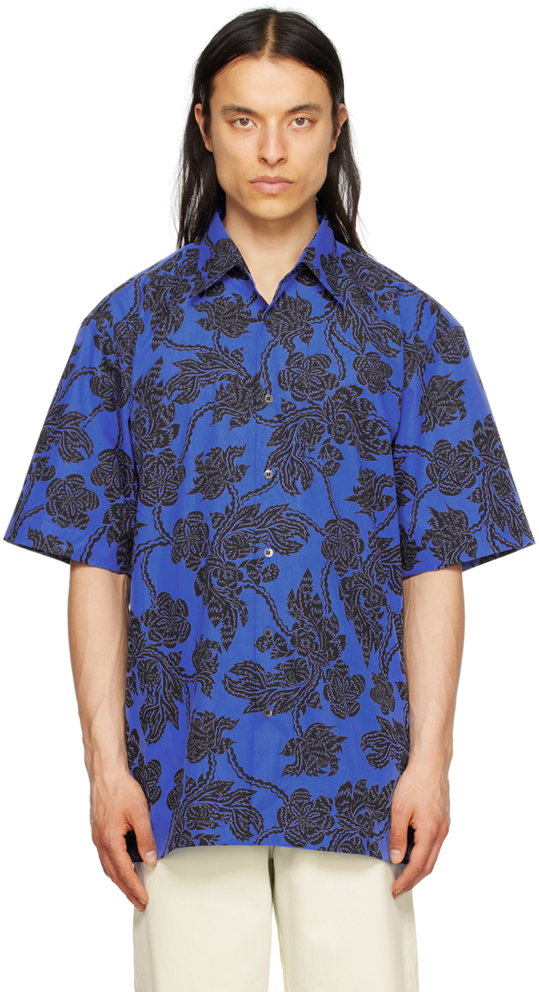 Blue & Black Printed Shirt by Dries Van Noten on Sale