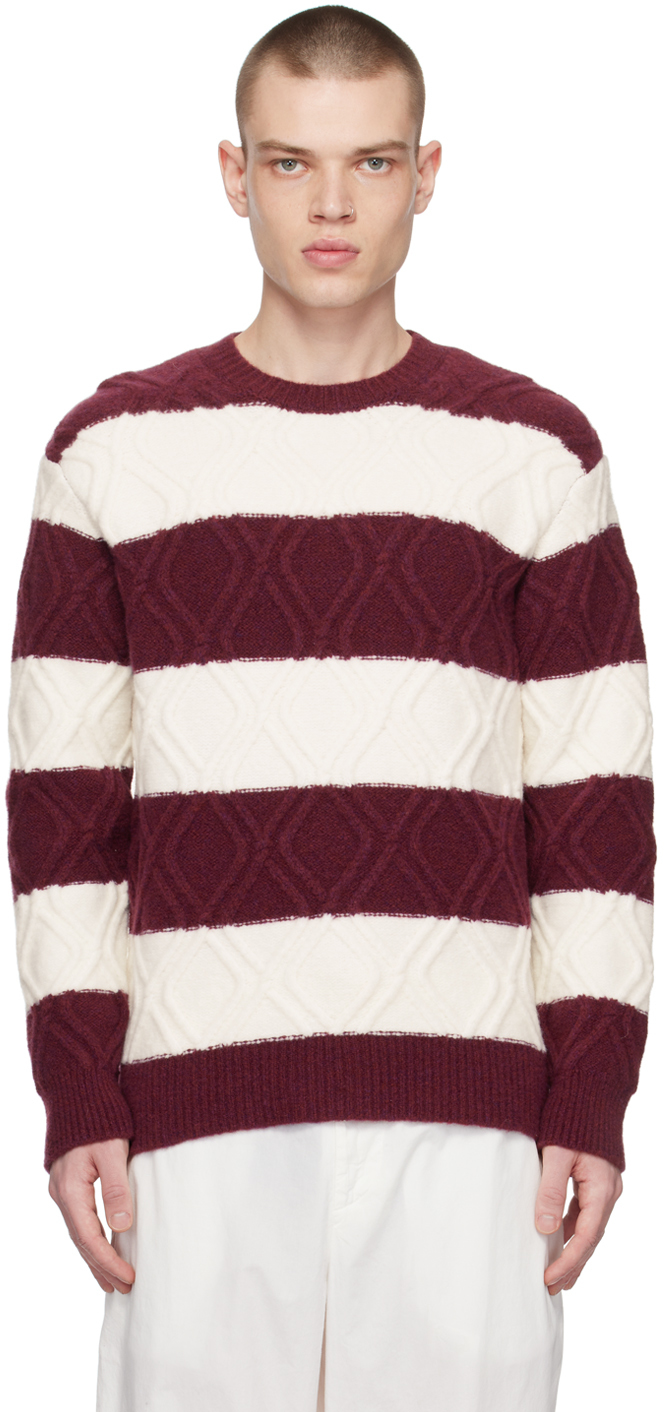 Dries Van Noten Off-white & Burgundy Striped Sweater In 359 Bordeaux