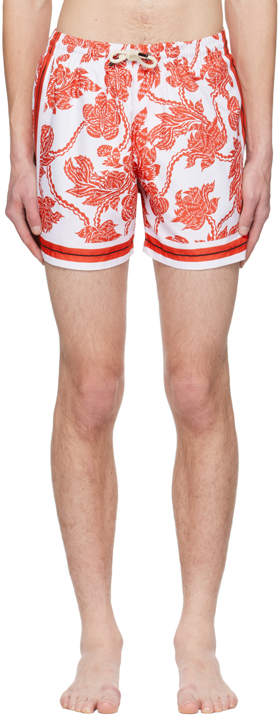 Red & White Floral Swim Shorts