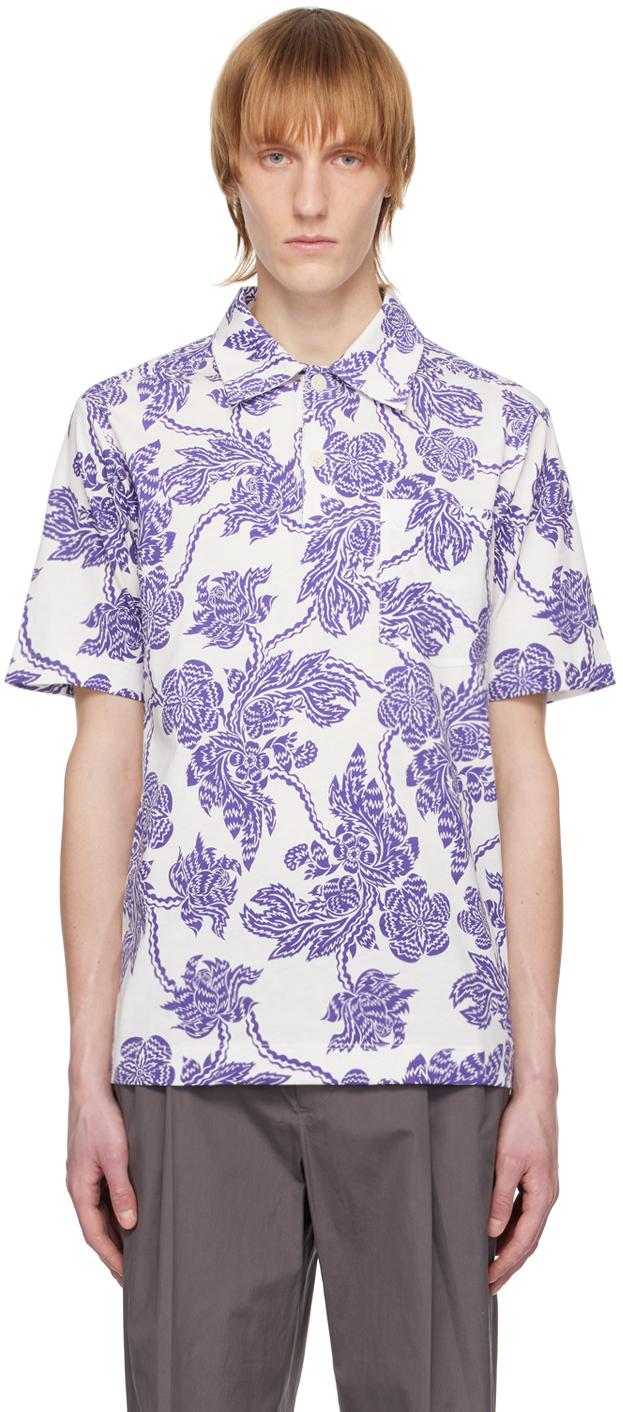 Dries Van Noten White & Purple Floral Polo In 8 Off White