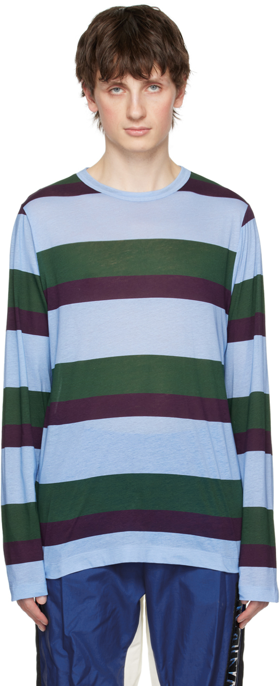 Dries Van Noten: Blue & Green Striped Long Sleeve T-Shirt | SSENSE UK